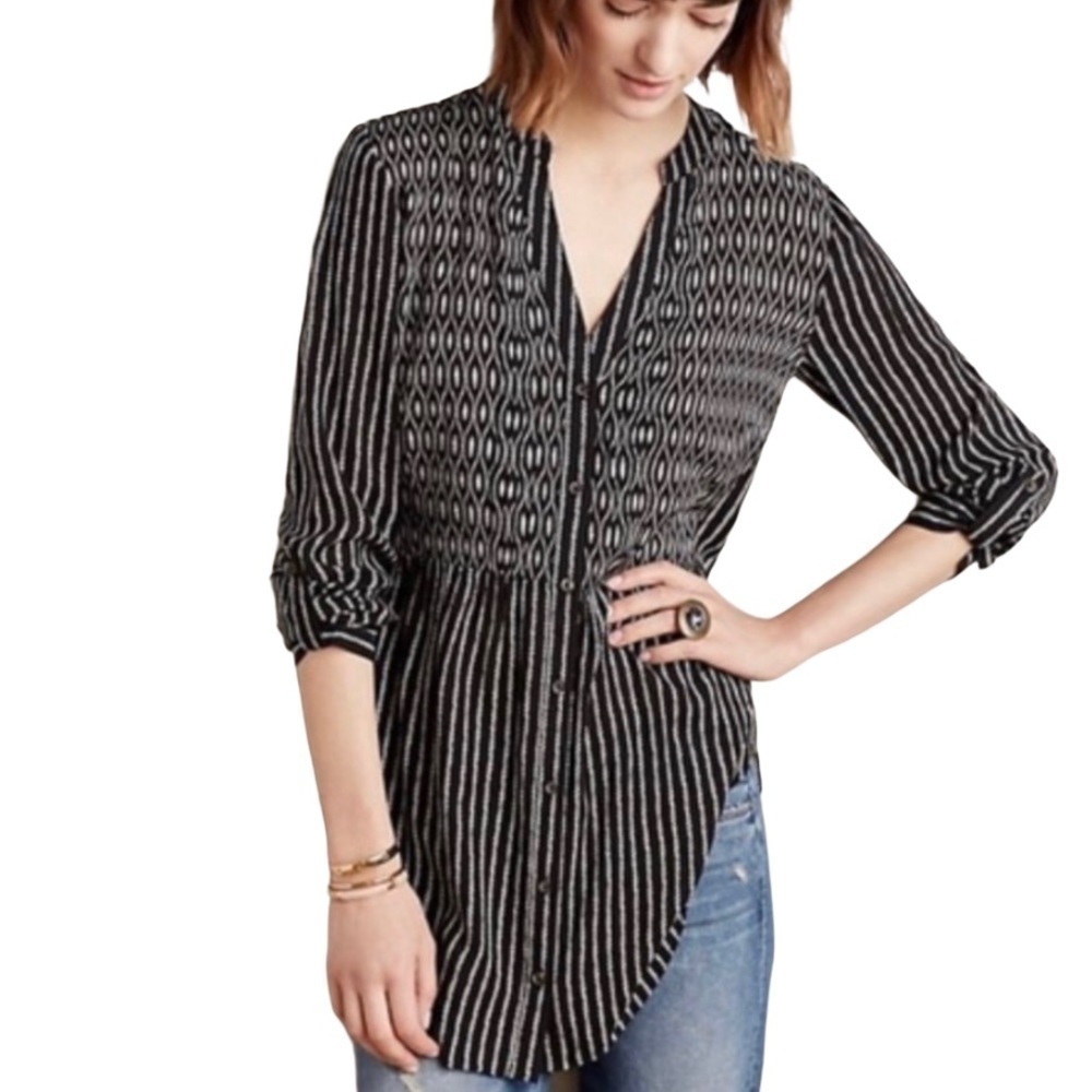Anthropologie Maeve Black White Button Up Blouse - Picture 8 of 8